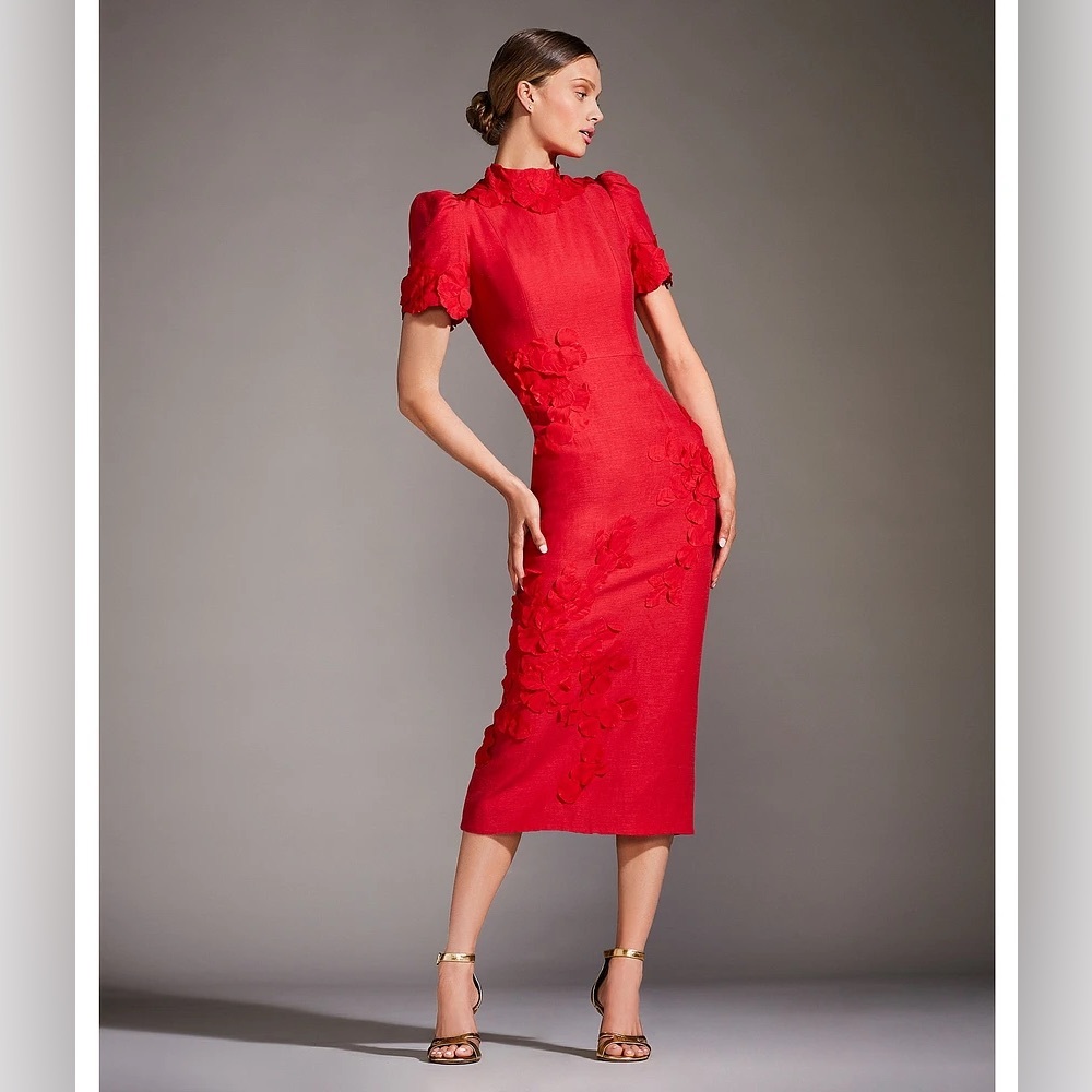 ANTONIO MELANI Red Midi Dress with Floral Appliqué